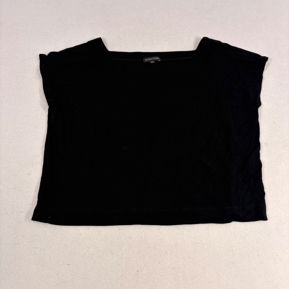 Eileen Fisher Square Neck Top Womens Large Black Viscose Jersey Boxy Cap Sleeve